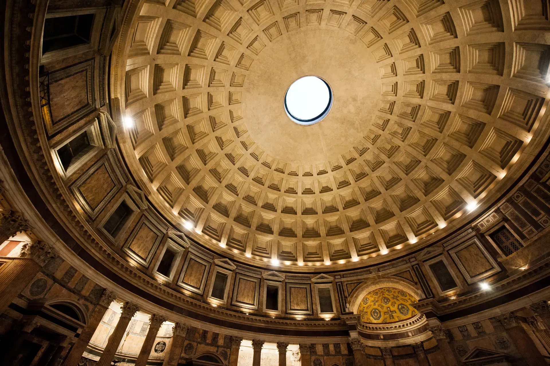 Upward view of the Pantheon dome coffers converging at the oculus